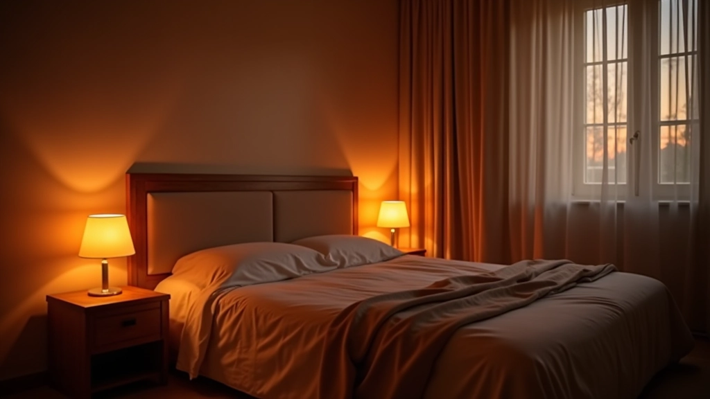 Camera da letto di sera con illuminazione soffusa color ambra, comodini con luci notturne tenue, finestra con tende oscuranti
