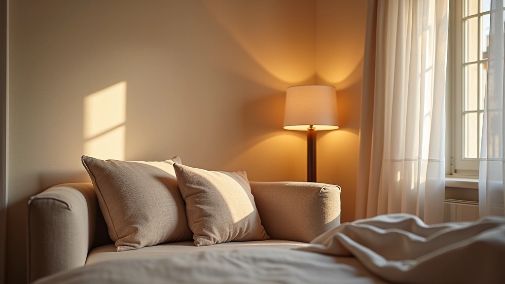 Angolo lettura in camera con poltrona confortevole, cuscini in tessuto naturale e luce calda dalla lampada