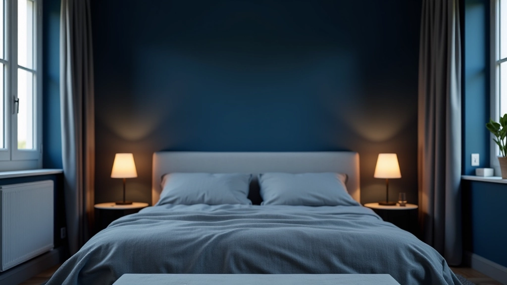 Camera da letto con pareti blu profondo, biancheria grigia e illuminazione calda che crea atmosfera rilassante