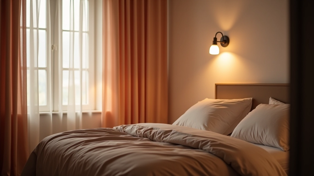 Camera da letto illuminata con diverse sorgenti di luce: lampada da comodino, luci soffuse a parete e finestra con tenda