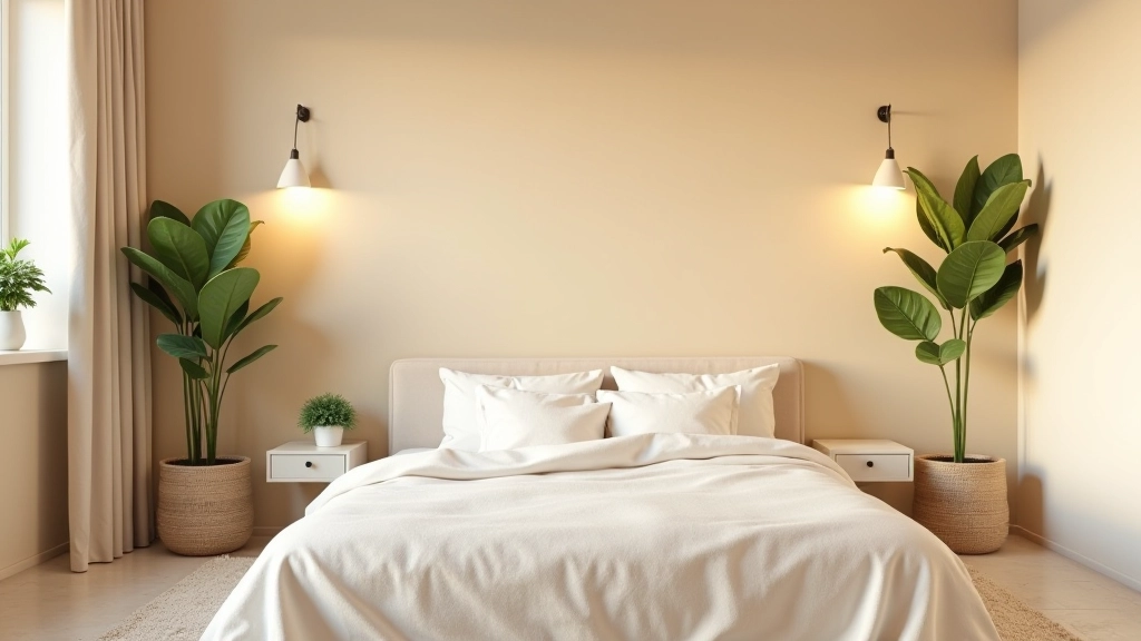 Camera da letto con colori neutri, piante verdi e illuminazione a parete per creare serenità