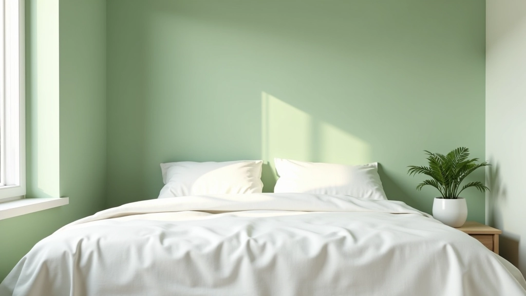 Camera da letto con pareti color verde salvia, letto bianco con biancheria naturale, due lampade notturne e piante in vaso