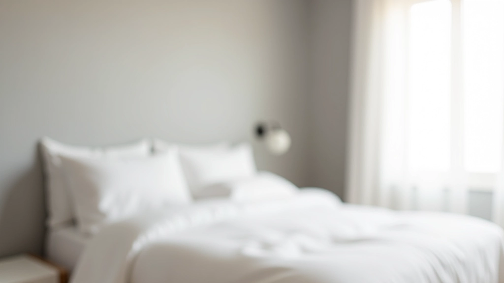 Camera da letto con tonalità grigio perla, letto con coperte in lino bianco e finestra con tenda sheer