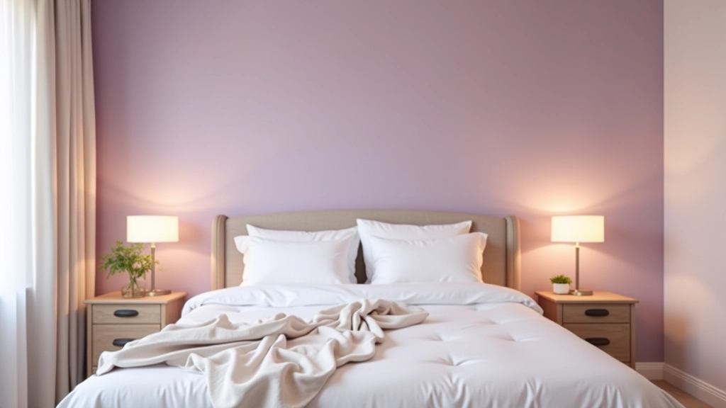 Camera da letto con parete color lavanda, lettino matrimoniale con baldacchino in lino naturale e illuminazione soffusa