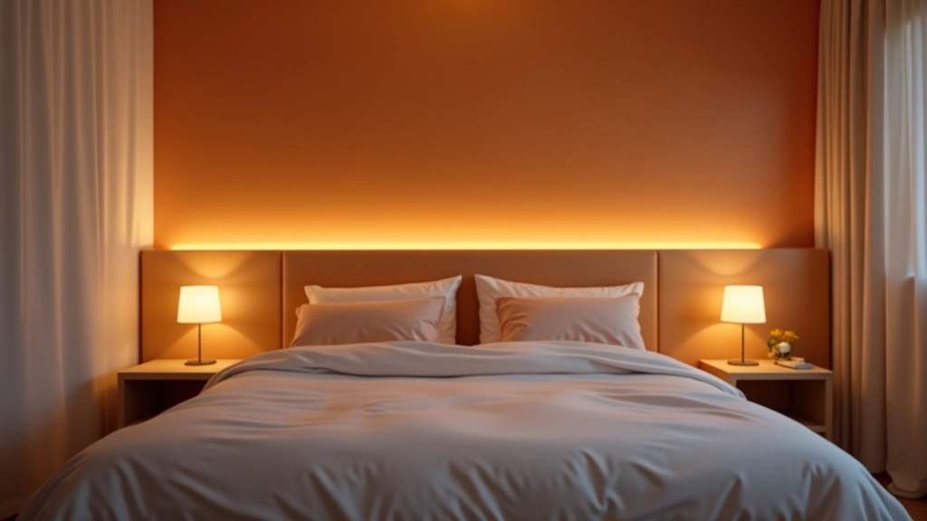 Camera da letto con diversi strati di illuminazione: plafoniera principale regolabile, lampada da comodino, luci a LED dietro il letto