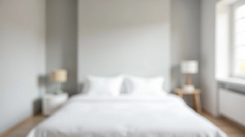 Camera da letto minimalista con pareti grigio chiaro, letti bianchi e finestra con luce naturale
