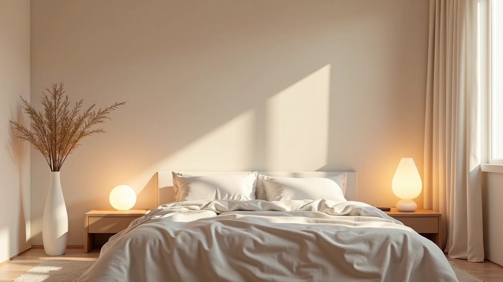Camera da letto serena con illuminazione calda e design minimalista