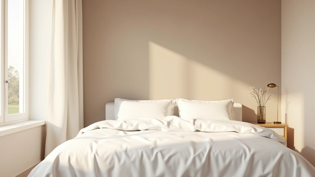 Camera da letto elegante con pareti color tortora e letto bianco in stile minimalista