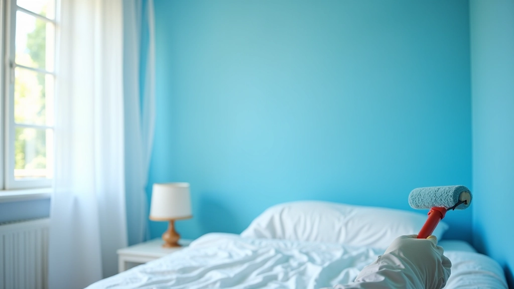Persona che applica vernice blu su una parete della camera da letto, rullo di vernice in mano, tavoli e sedie protette da teli