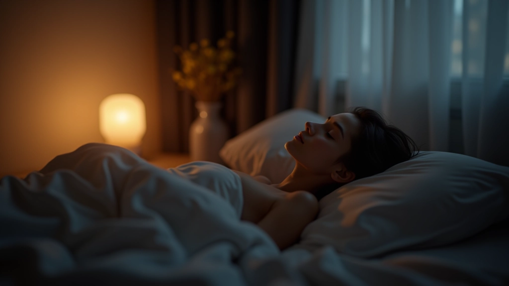 Persona che dorme serenamente in una camera da letto con illuminazione soffusa e temperatura colore calda