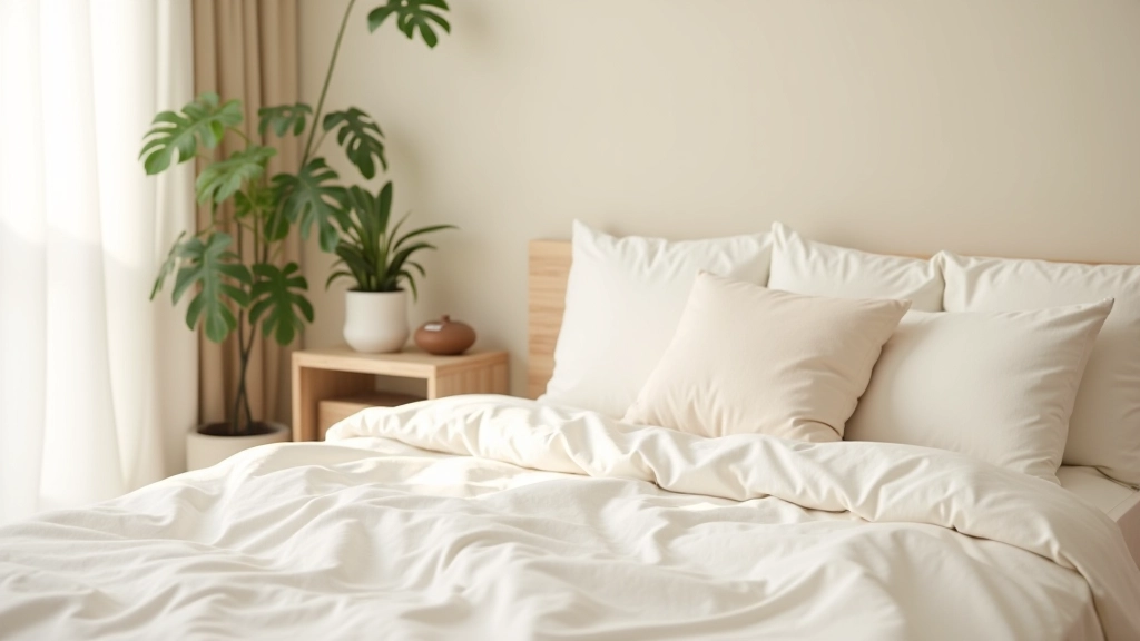 Spazio camera da letto minimalista con piante vive, elemento d'acqua decorativo, diffusore di aromi e materiali naturali
